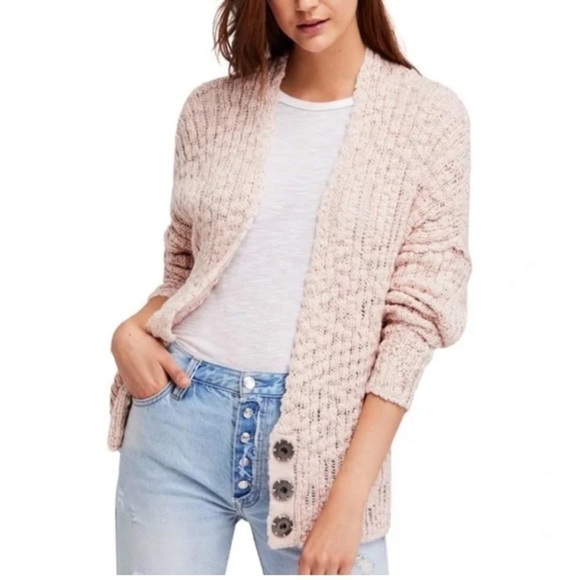 FREE PEOPLE ‘Fun Times’ Cotton Snap Button Chunky Slub Cardigan Pink Women's L - Picture 1 of 15